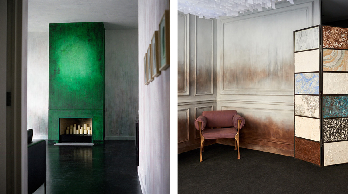 Atelier de Ricou - Trompe l'oeil - Décor mural - Décor de cheminée - Patine verte - Showroom Par Excellence a New York - Charles Jouffre - Signatures Singulières