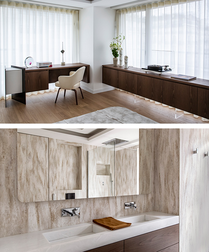 meuble enfilade en chene - salle de bain en travertin - interieur contemporain - michel amar