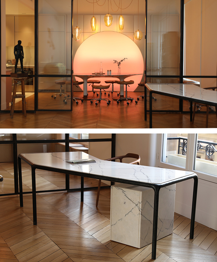bureau design - suspension en verre soufflé - showroom franck genser
